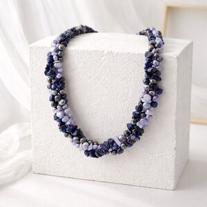Vintage Triple Strand Sodalite Lace Agate & Freshwater Pearl Choker Necklace 16”